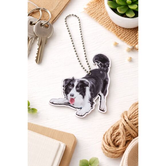 Accessories - Border Collie Acrylic Keychain Dog Lover Charm Black White Pup 3x2.5
